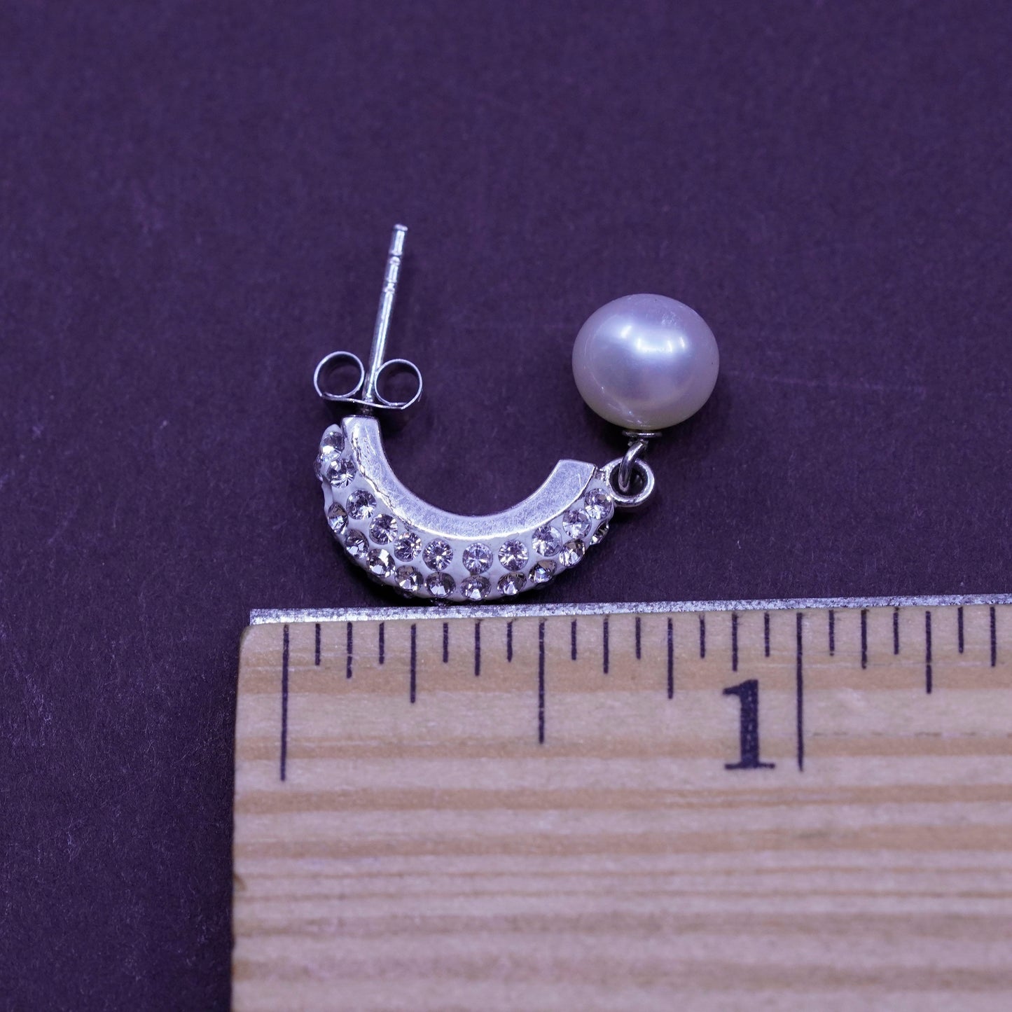 Vintage Sterling silver handmade earrings, 925 Huggie hoops cluster cz pearl