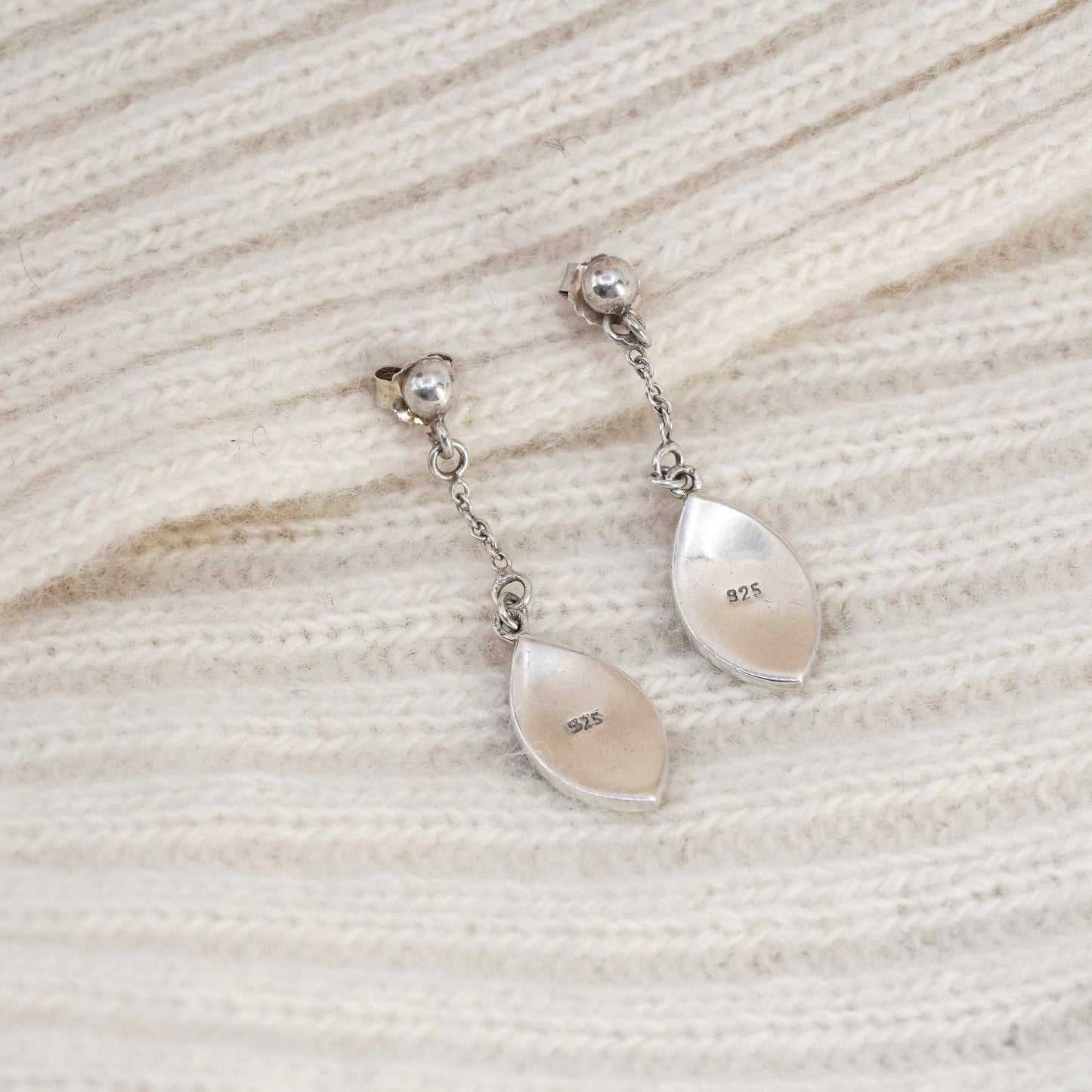 Vintage sterling 925 silver drop earrings, 925 leaf with Mother of pearl inlay