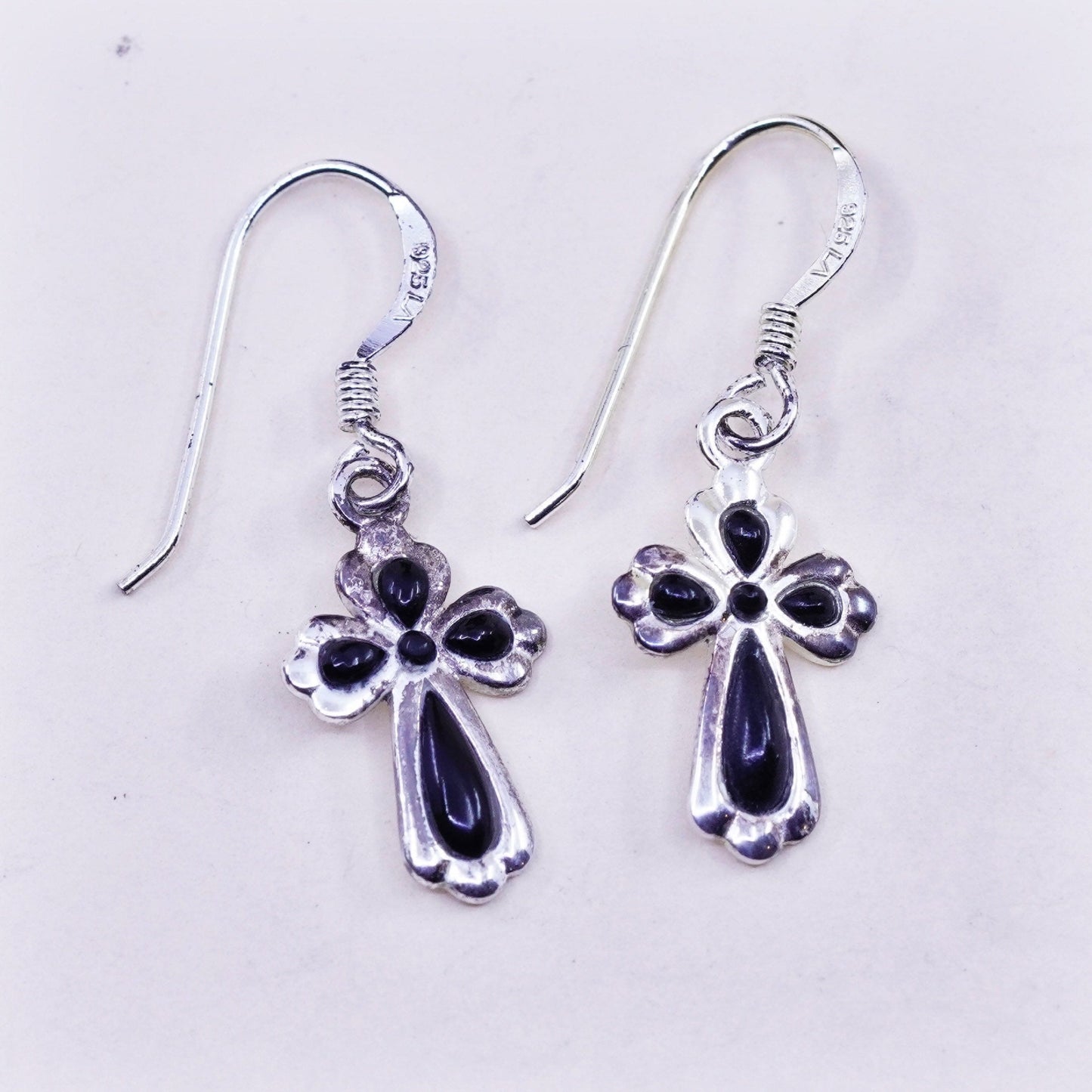 Vintage Sterling silver handmade earrings, 925 cross with obsidian, cute
