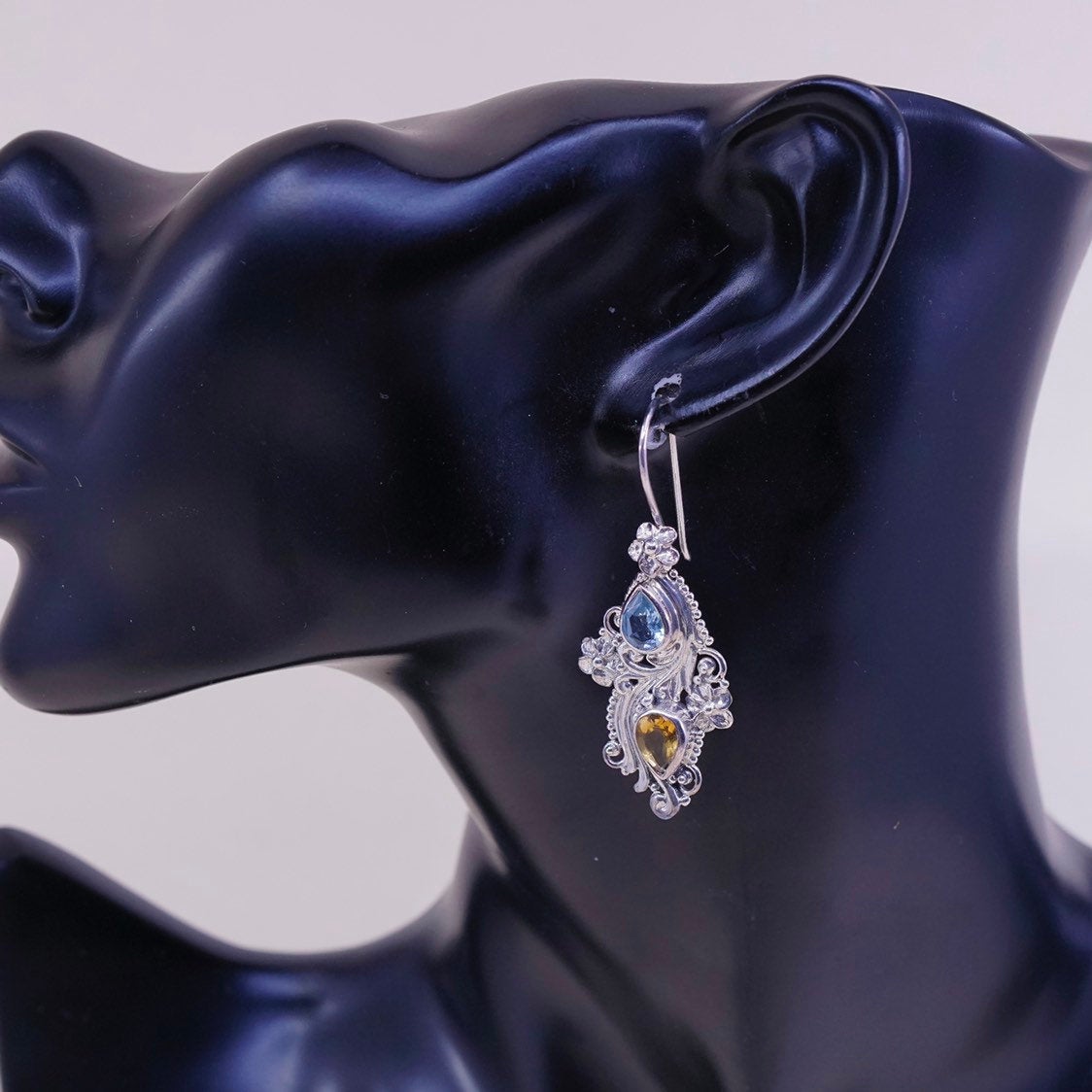 vtg Sterling silver handmade earrings, 925 dangles w/ citrine, topaz n flower