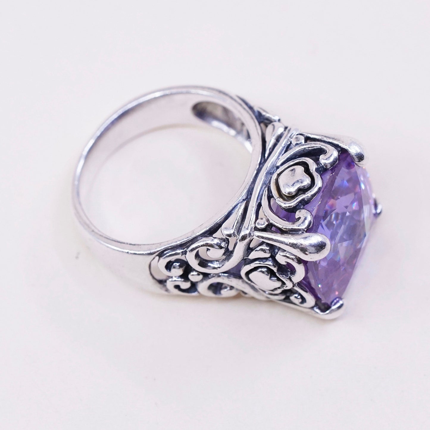 sz 6.5, vtg sterling 925 silver handmade cocktail ring w/ amethyst N filigree