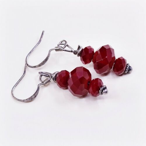 Vtg Sterling Silver Handmade Earrings, 925 Silver Hooks W Garnet Beads