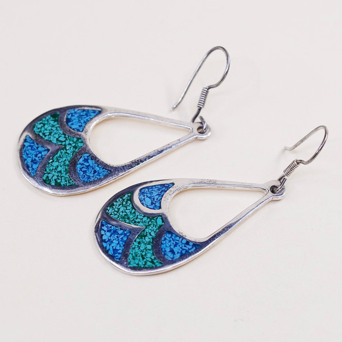 vtg sterling silver handmade earrings, mexico 950 teardrop w/ turquoise