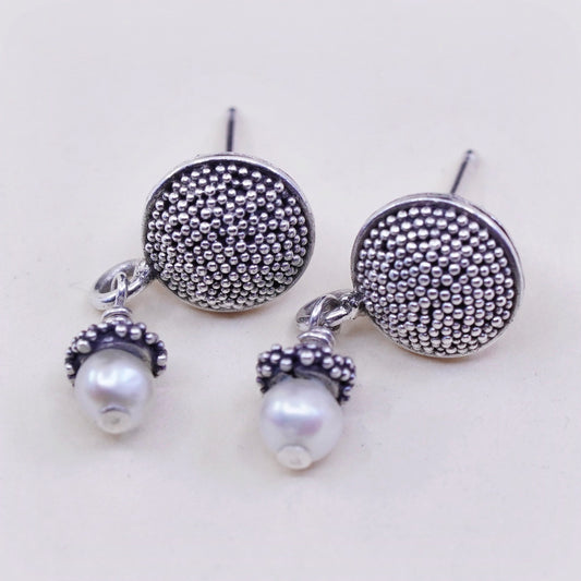 Vintage sterling 925 silver handmade textured earrings with pearl dangles