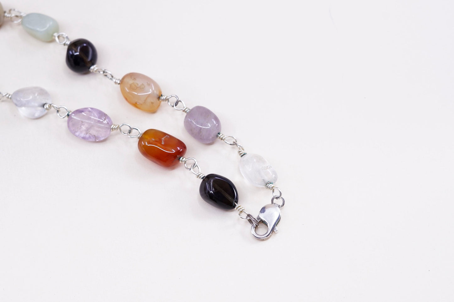 20”, sterling 925 silver necklace w/ agate crystal amethyst carnelian N jade