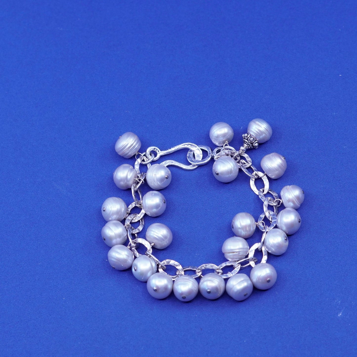 7”, Sterling silver handmade bracelet, 925 flatten circle chain cluster pearl