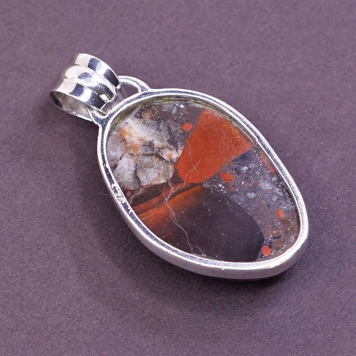 vtg Sterling silver handmade pendant with red and orange landscape jasper