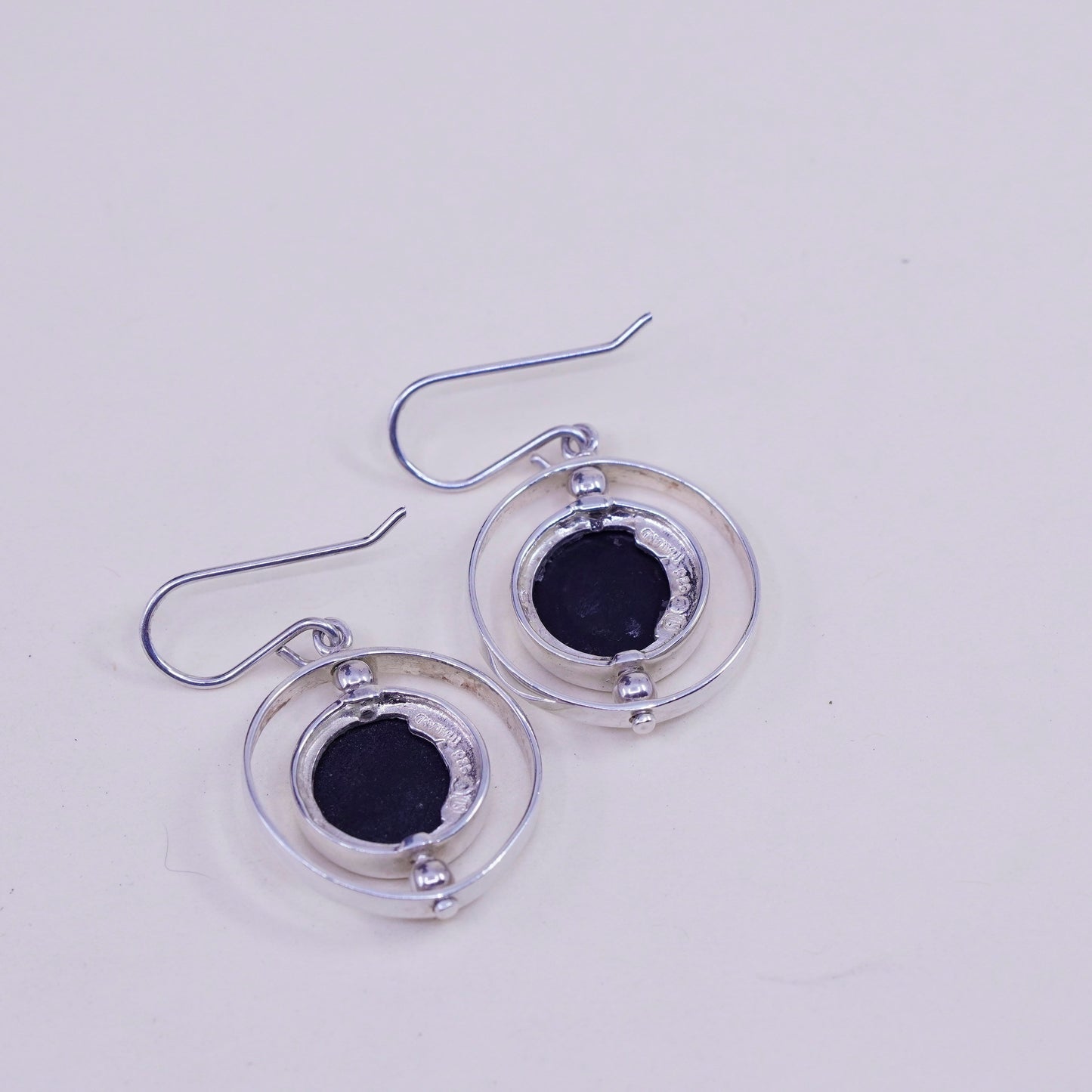 Vintage sterling silver handmade earrings, 925 circle spinner dangles obsidian