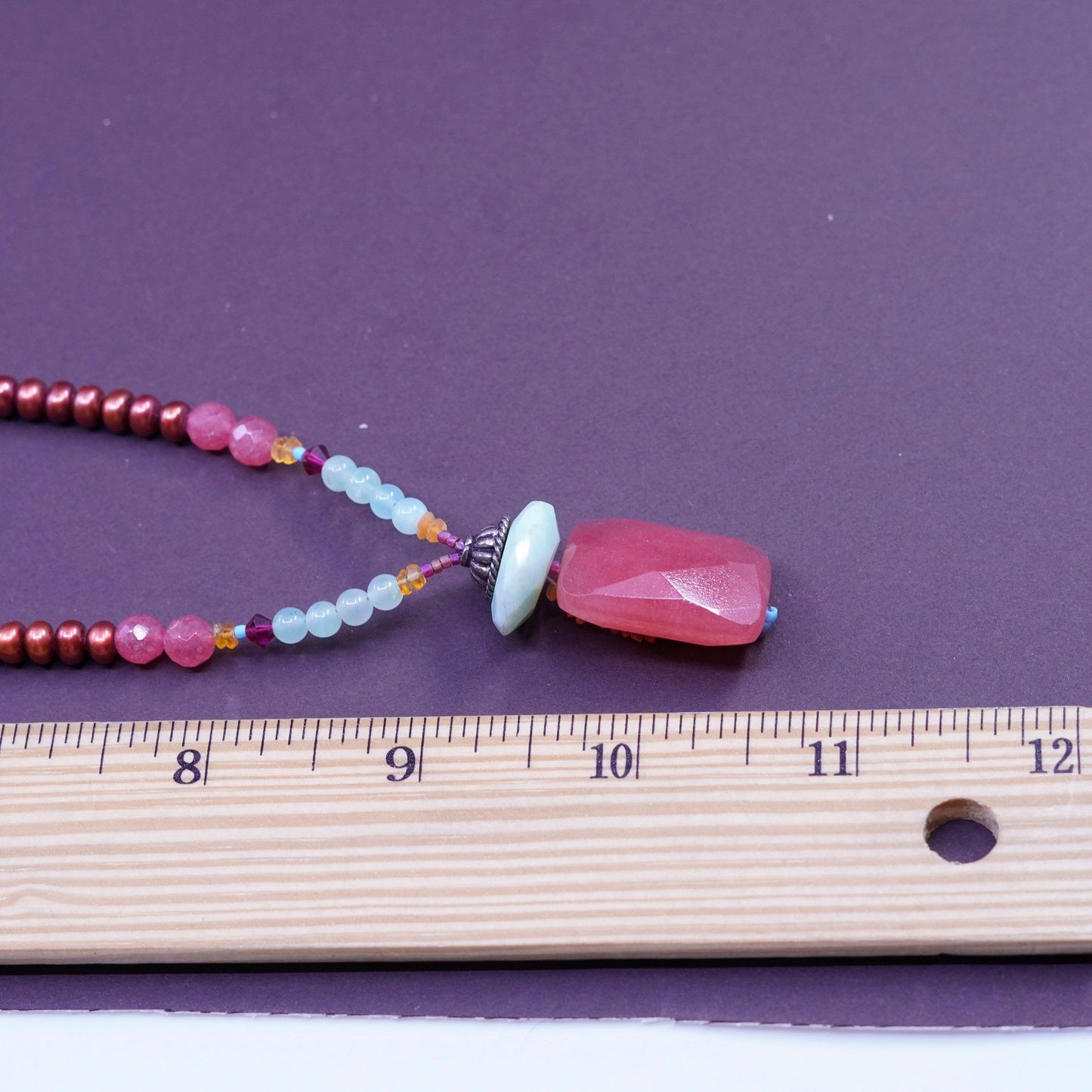 16+1.5” Vintage Sterling silver Handmade necklace w/ pearl rose quartz pendant