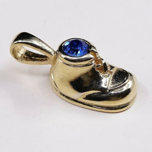 Vtg Vermeil Gold Over Sterling 925 Silver Baby Shoes Pendant Charm W/ Blue Cz