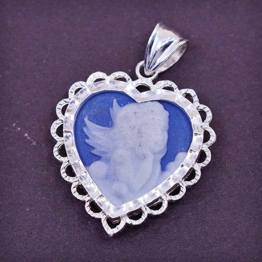 Vintage Peru Sterling 925 silver handmade pendant with blue agate cameo angel