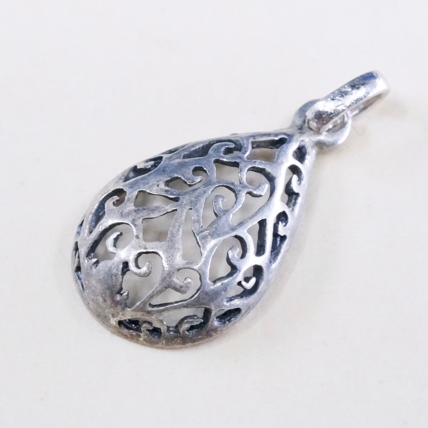 vintage sterling silver handmade pendant, 925 filigree teardrop charm