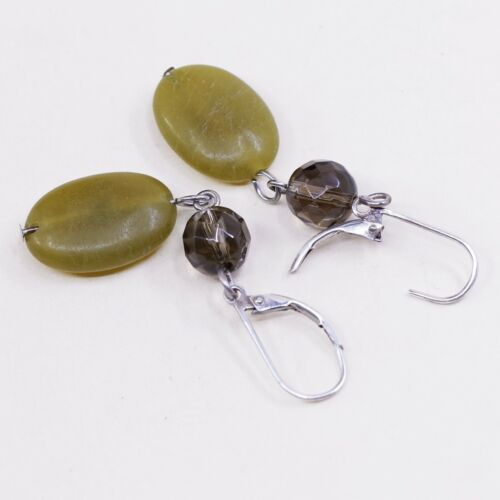 vtg sterling silver handmade earrings, 925 with jade dangles, Stamped 925