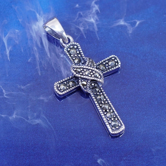 Vintage Sterling 925 silver handmade pendant with marcasite cross pendant