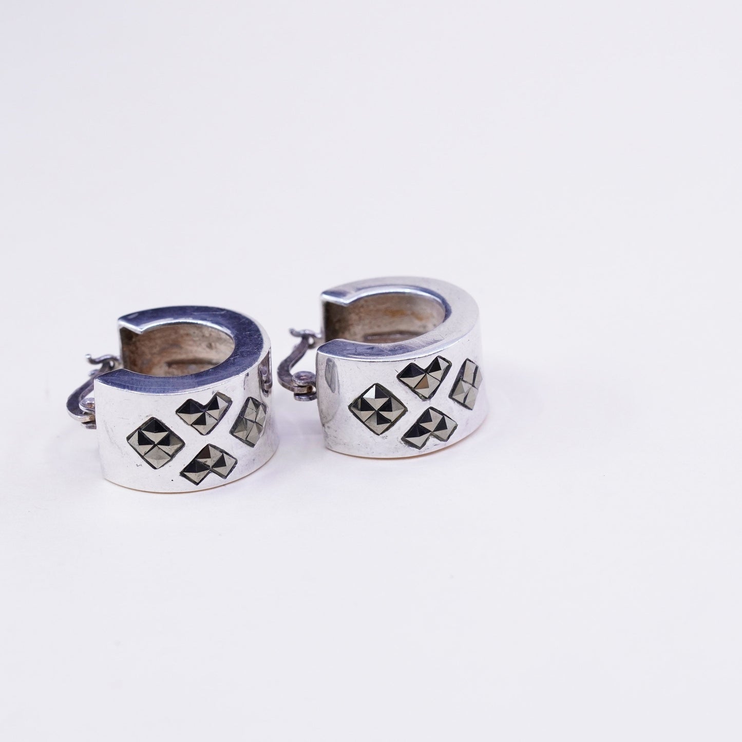 Vintage Sterling silver handmade earrings, 925 Huggie hoops with marcasite