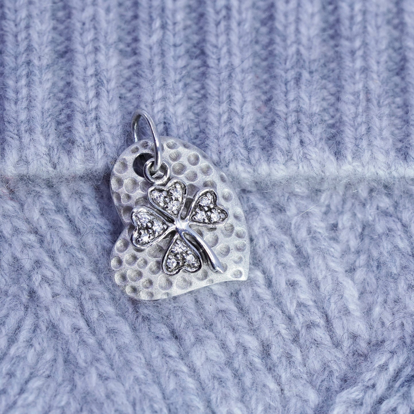 Vintage Sterling silver 925 handmade heart charm pendant with cz lucky clover