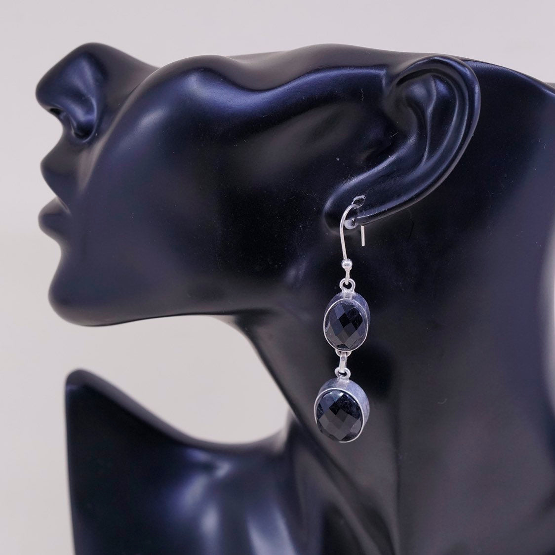 vtg Sterling silver handmade earrings, 925 w/ oval shaped obsidian drops