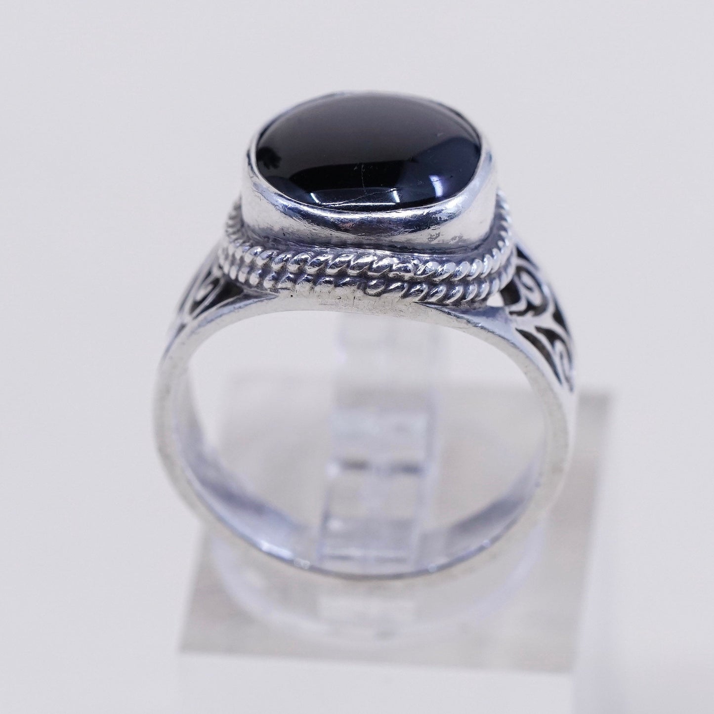 sz 7, vtg sterling silver ring, handmade filigree 925 ring w/ black tiger eye