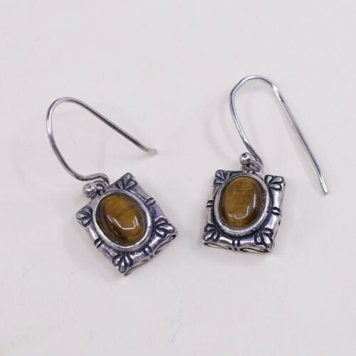 Vtg Sterling Silver Handmade Earrings, 925 Silver W/ Golden Tiger Eye