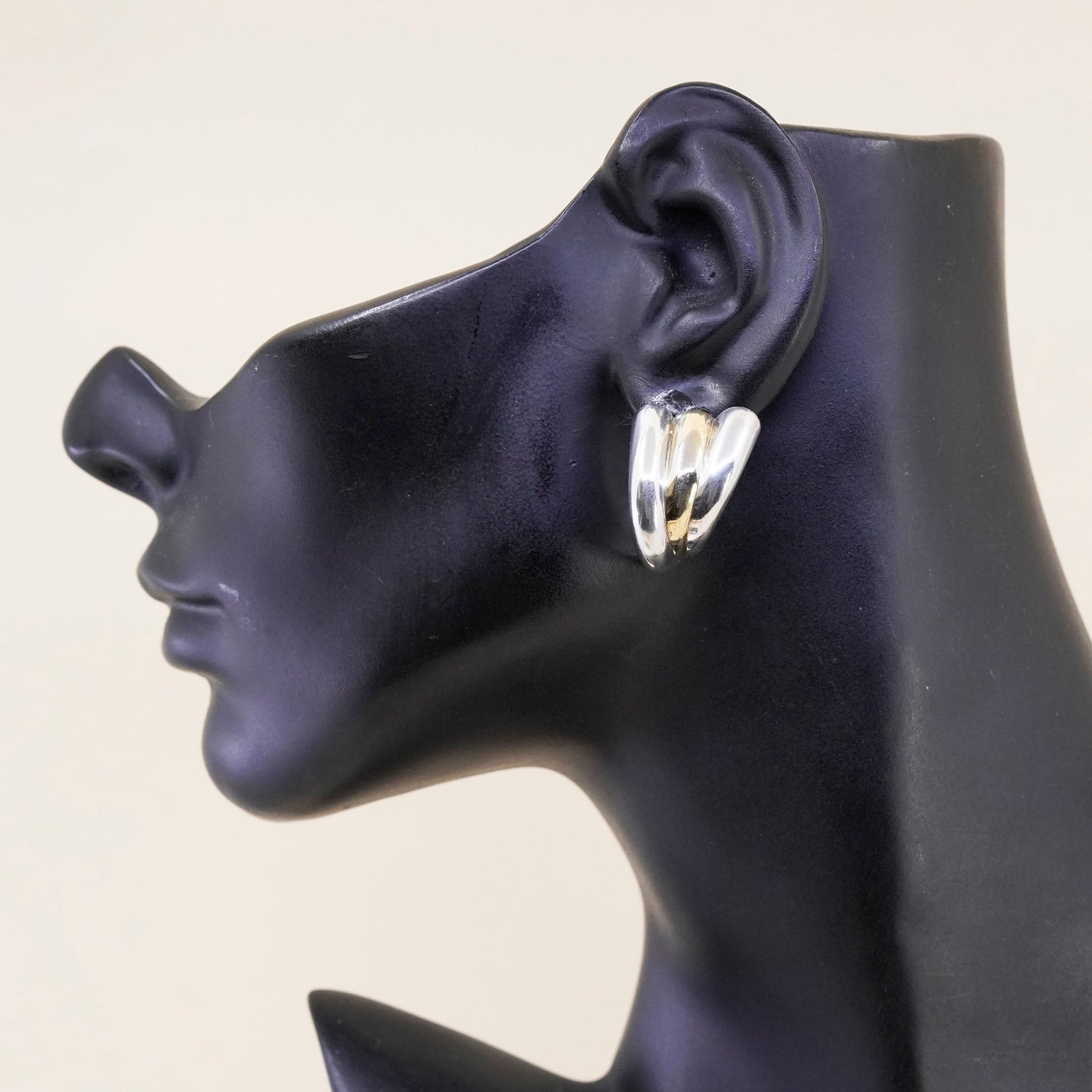 1”, vtg Italy two tone Sterling silver handmade earrings curvy 925 Huggie studs