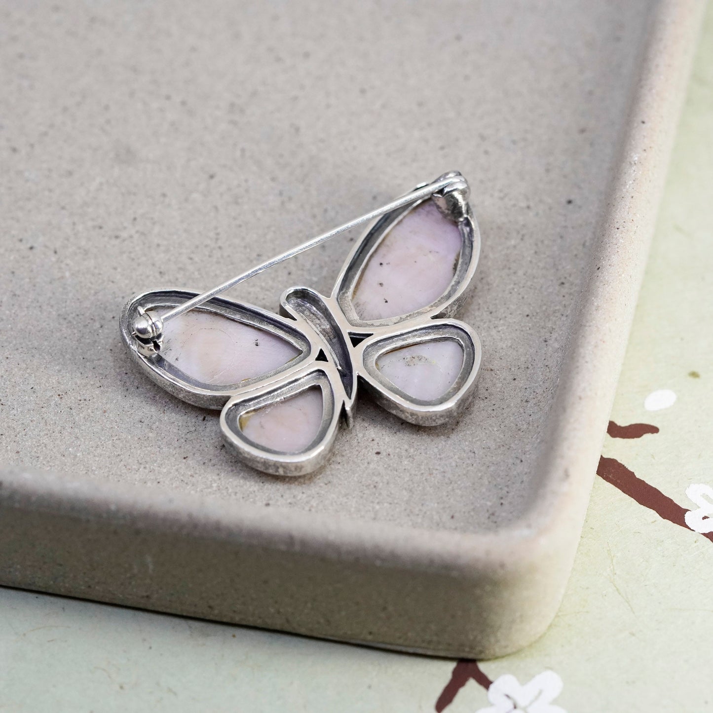 Sterling silver handmade brooch, 925 butterfly pin mother of pearl marcasite