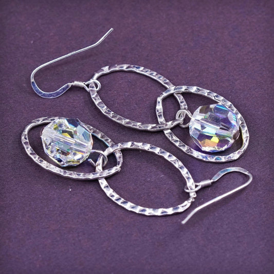 vtg Sterling silver handmade earrings, hammered 925 circles w/ crystal