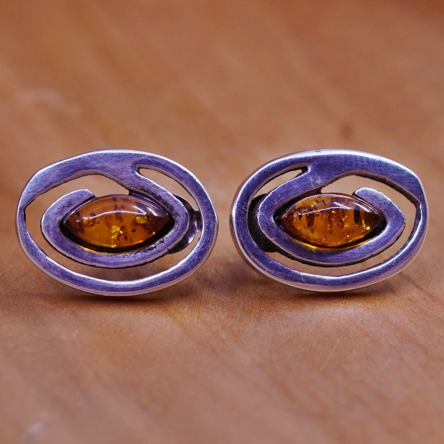 Vintage Mexico Sterling 925 silver handmade studs earrings with amber inlay