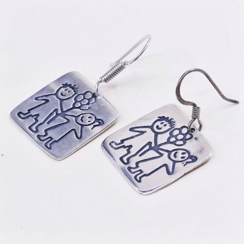 Vtg Sterling Silver Handmade Earrings, 925 dangles Tag W/ Lover Embossed