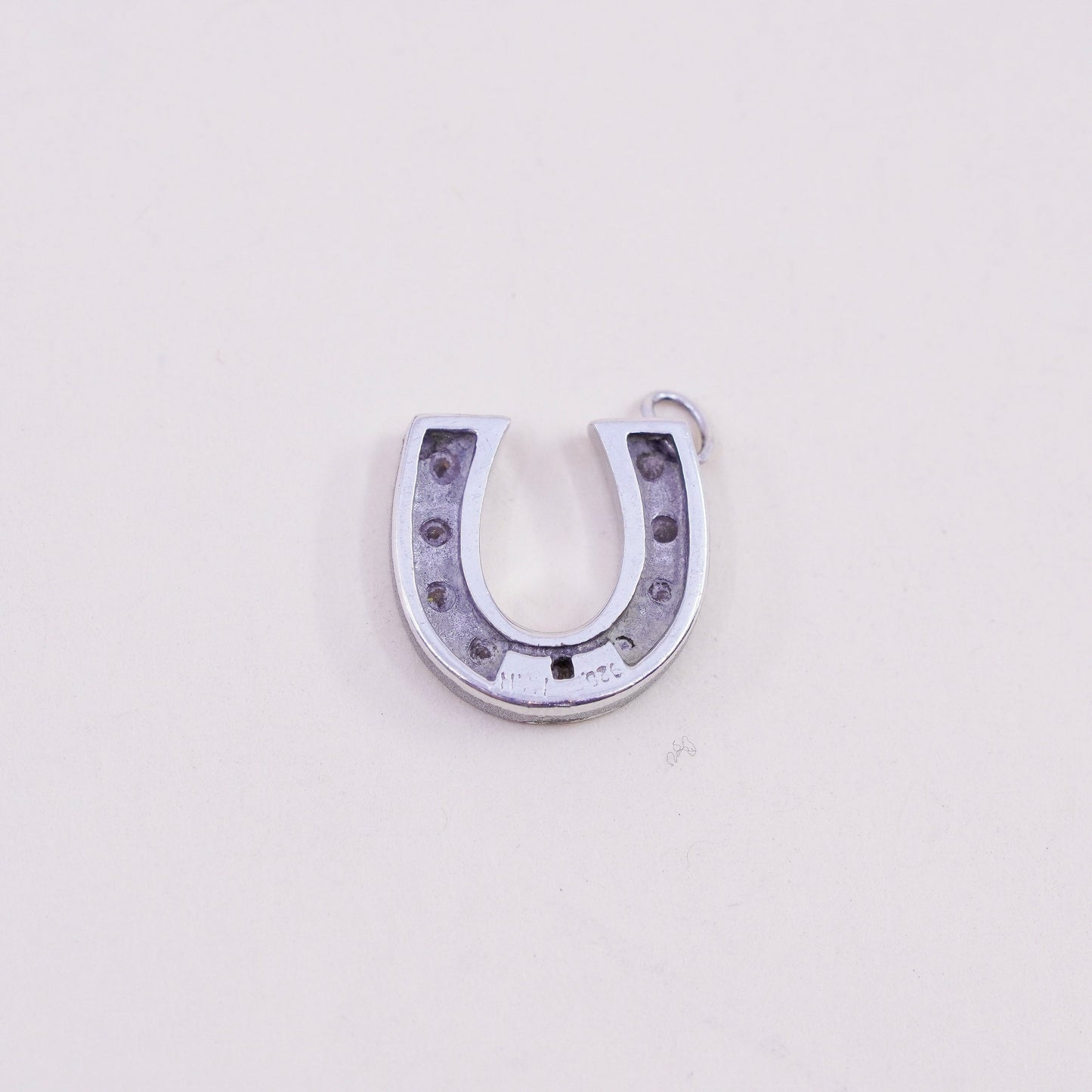 Vintage sterling silver handmade pendant, 925 horseshoe charm with cz