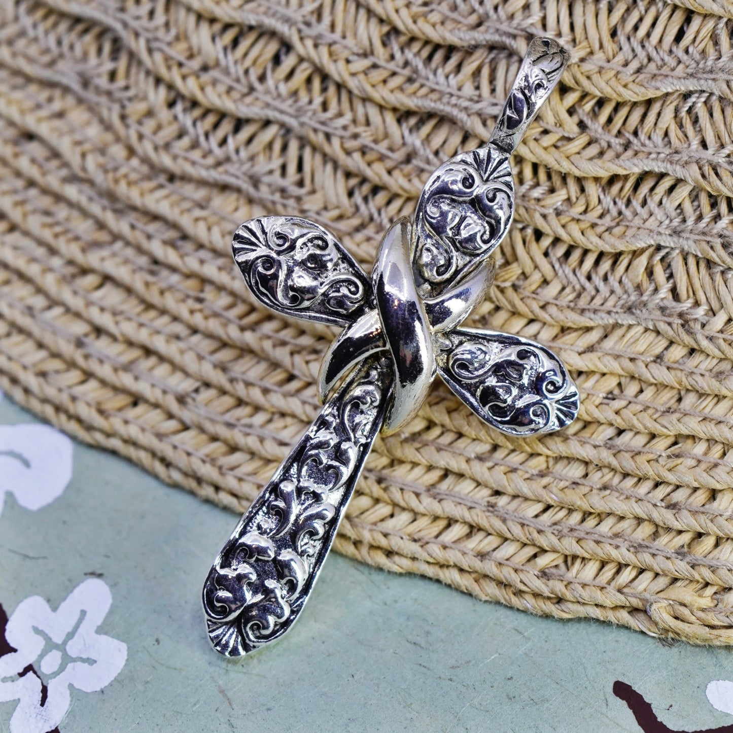 Vintage Sterling silver handmade pendant, textured 925 cross