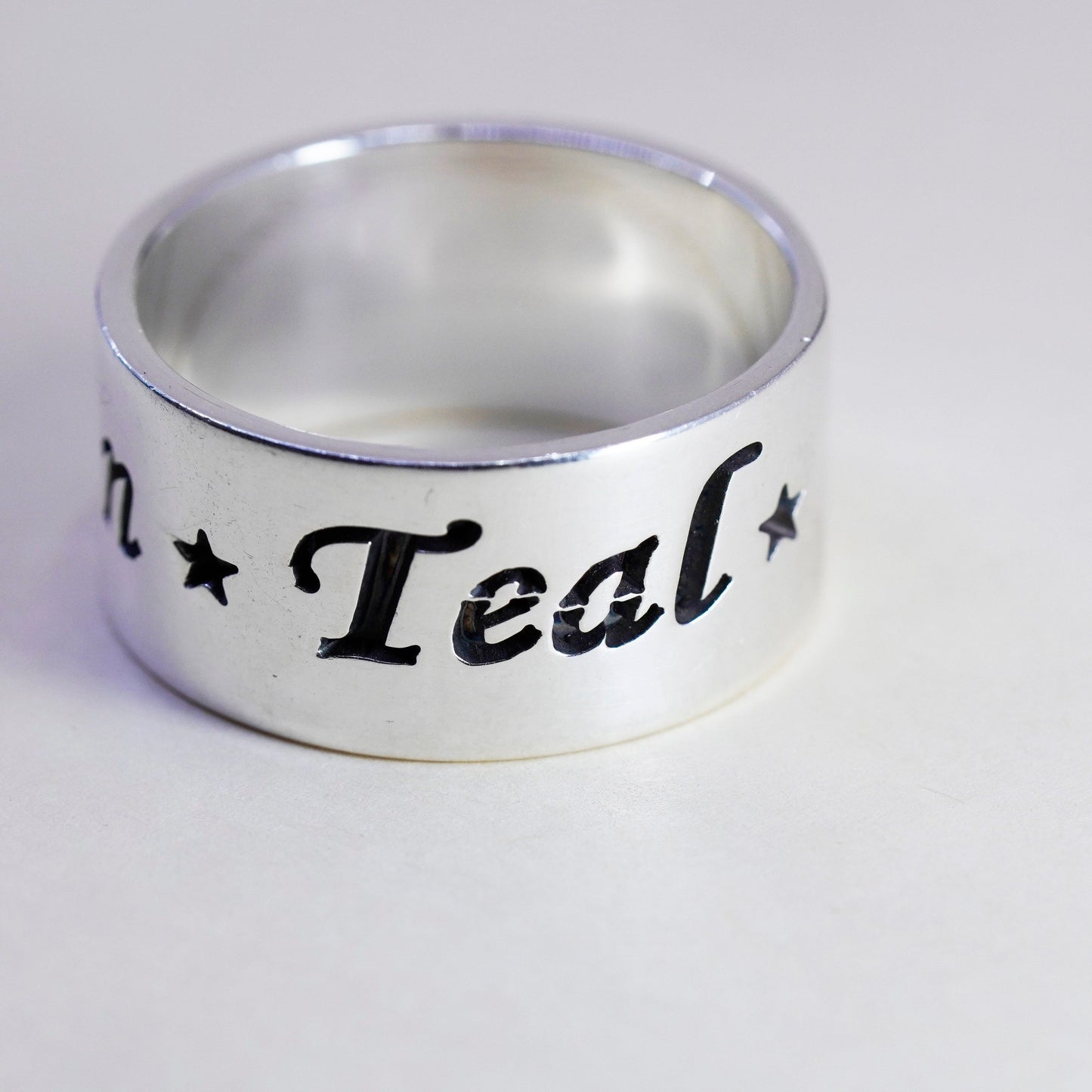 Size 13.25, Vintage sterling silver ring, 925 wide band engraved “Keegan Teal”