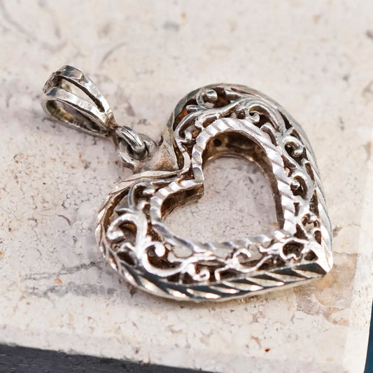 Vintage Sterling silver handmade pendant, 925 puffy filigree heart