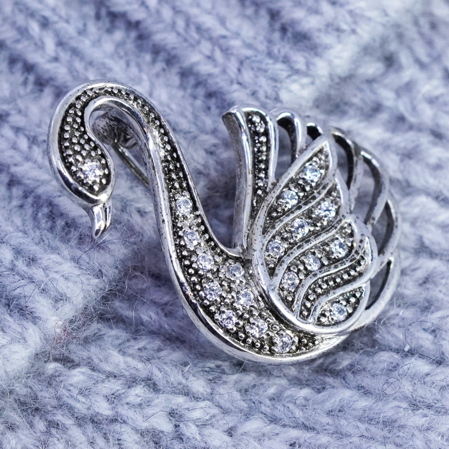 Vintage sterling silver handmade brooch, 925 swan bird pin with cz