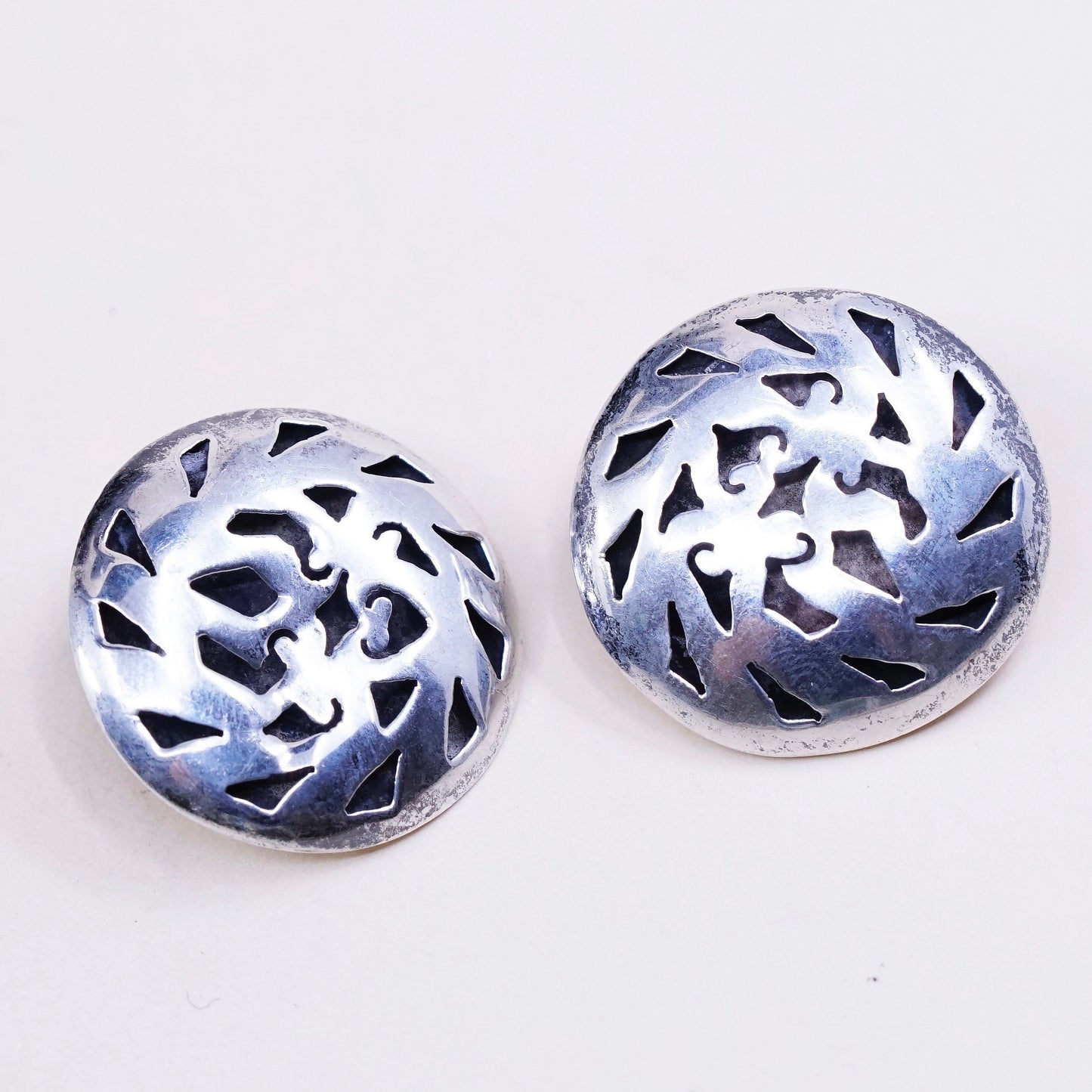 vtg sterling silver handmade earrings, 925 clip on earrings w/ pattern cut out
