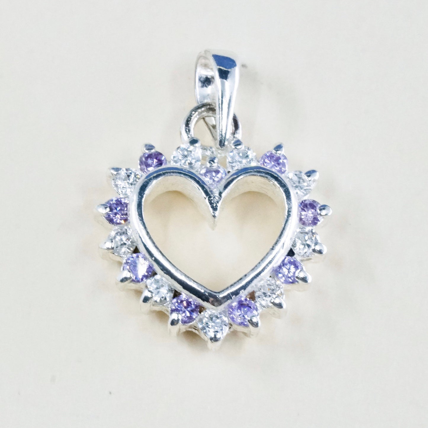 Vintage sterling 925 silver heart pendant with cluster clear and purple Cz