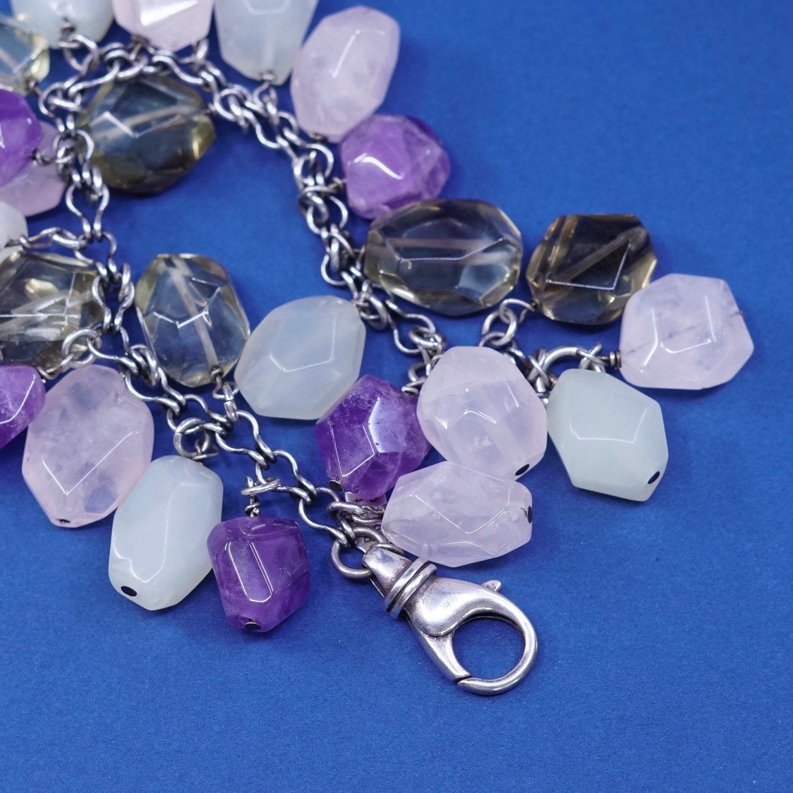 7", peyote bird sterling silver handmade bracelet amethyst pink quartz peridot