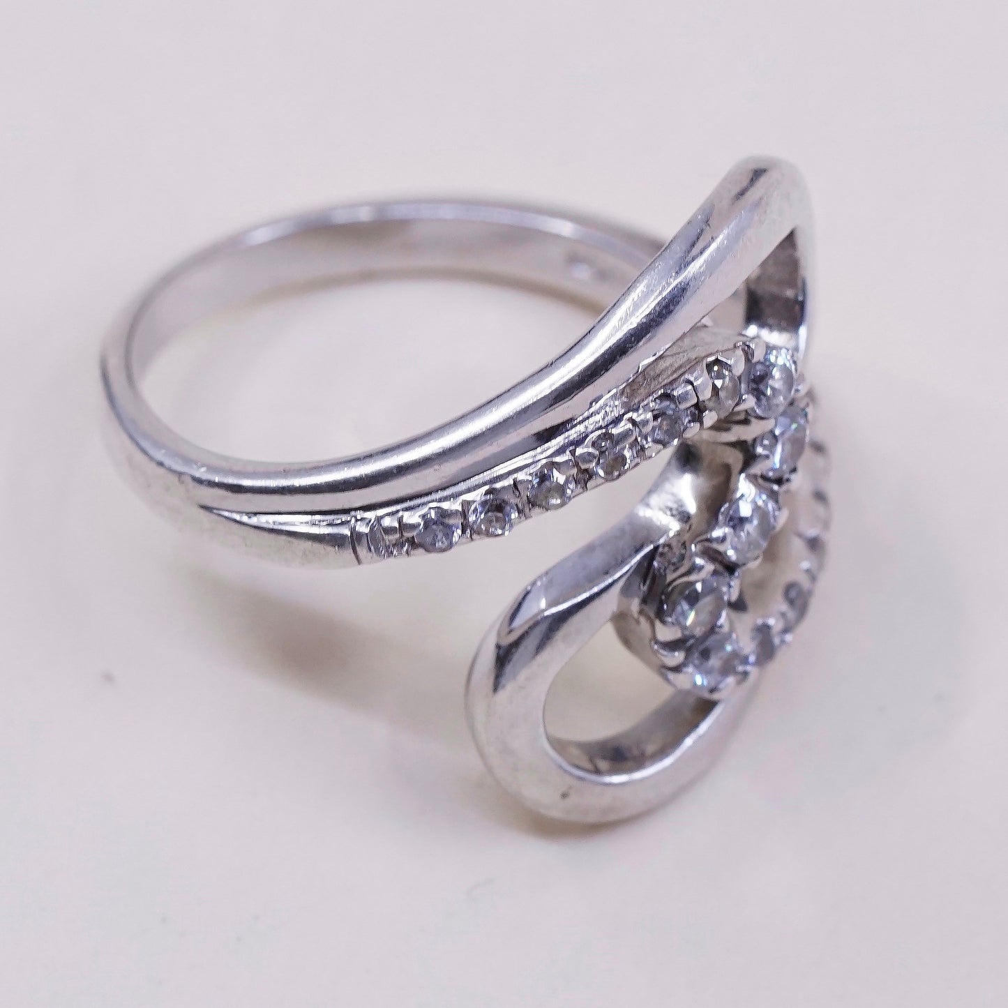 Size 9.5, VTG sterling silver handmade wavy ring, engagement ring w/ cz