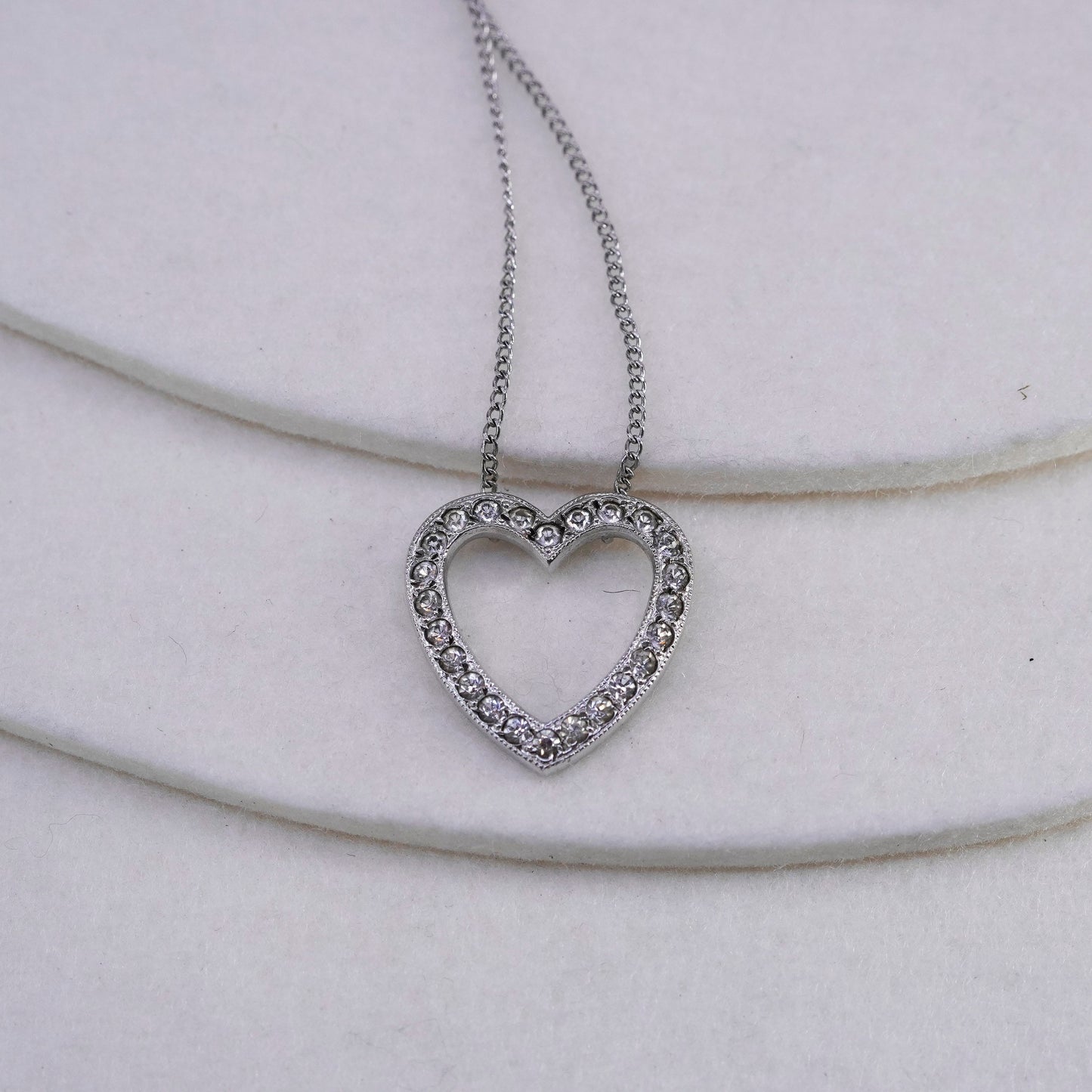 16”, vintage Sterling 925 silver handmade curb necklace with cz heart pendant