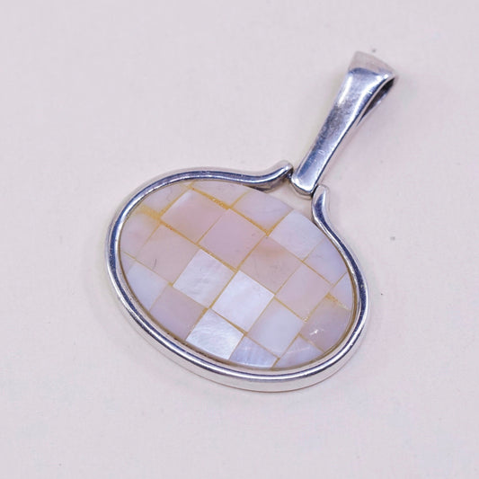 VTG sterling silver handmade pendant, 925 silver oval with pink mother of pearl