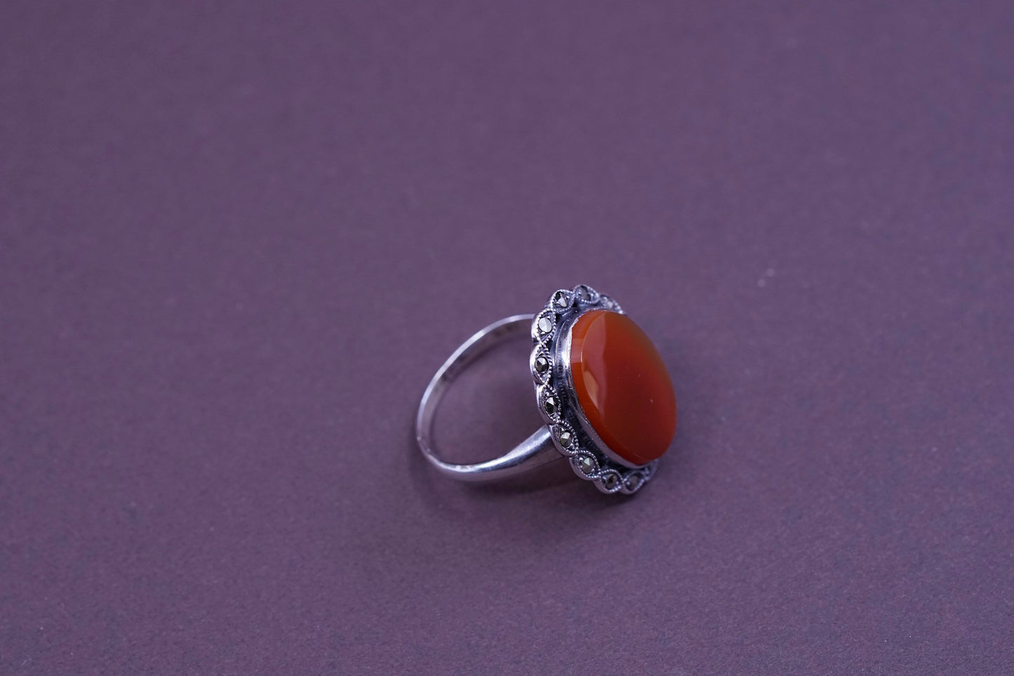 Size 9, vtg Sterling silver handmade flower ring with carnelian and Marcasite