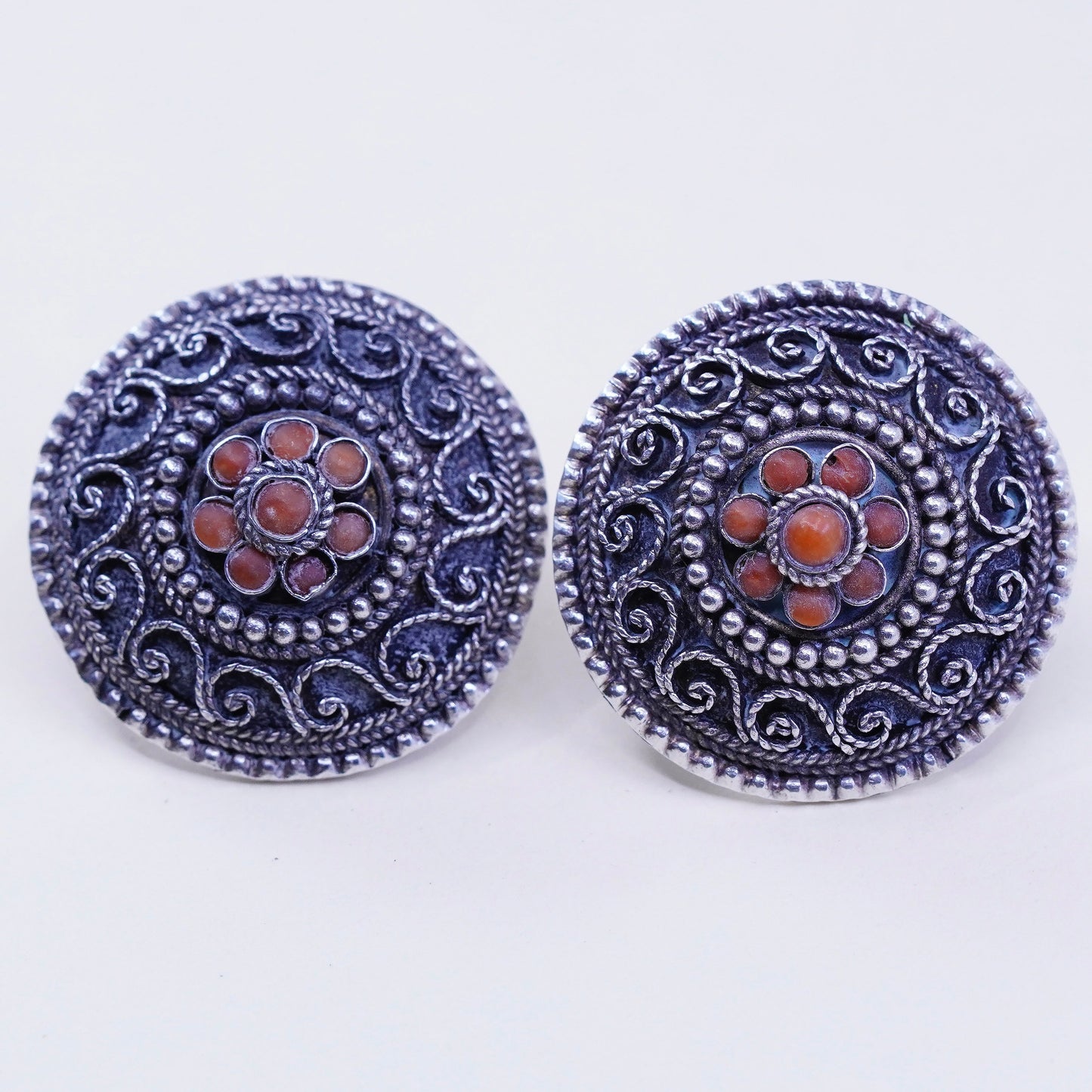 vtg sterling silver handmade earrings, 925 filigree circle studs with red coral