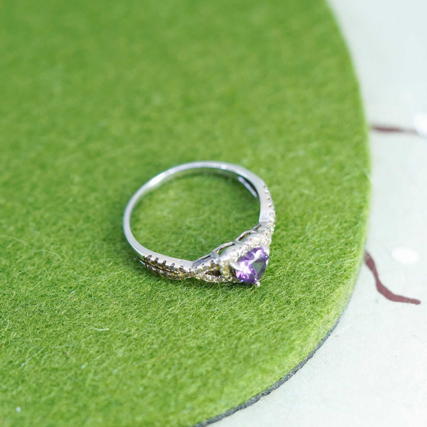 Size 10, Sterling 925 silver handmade stackable ring with amethyst heart cz