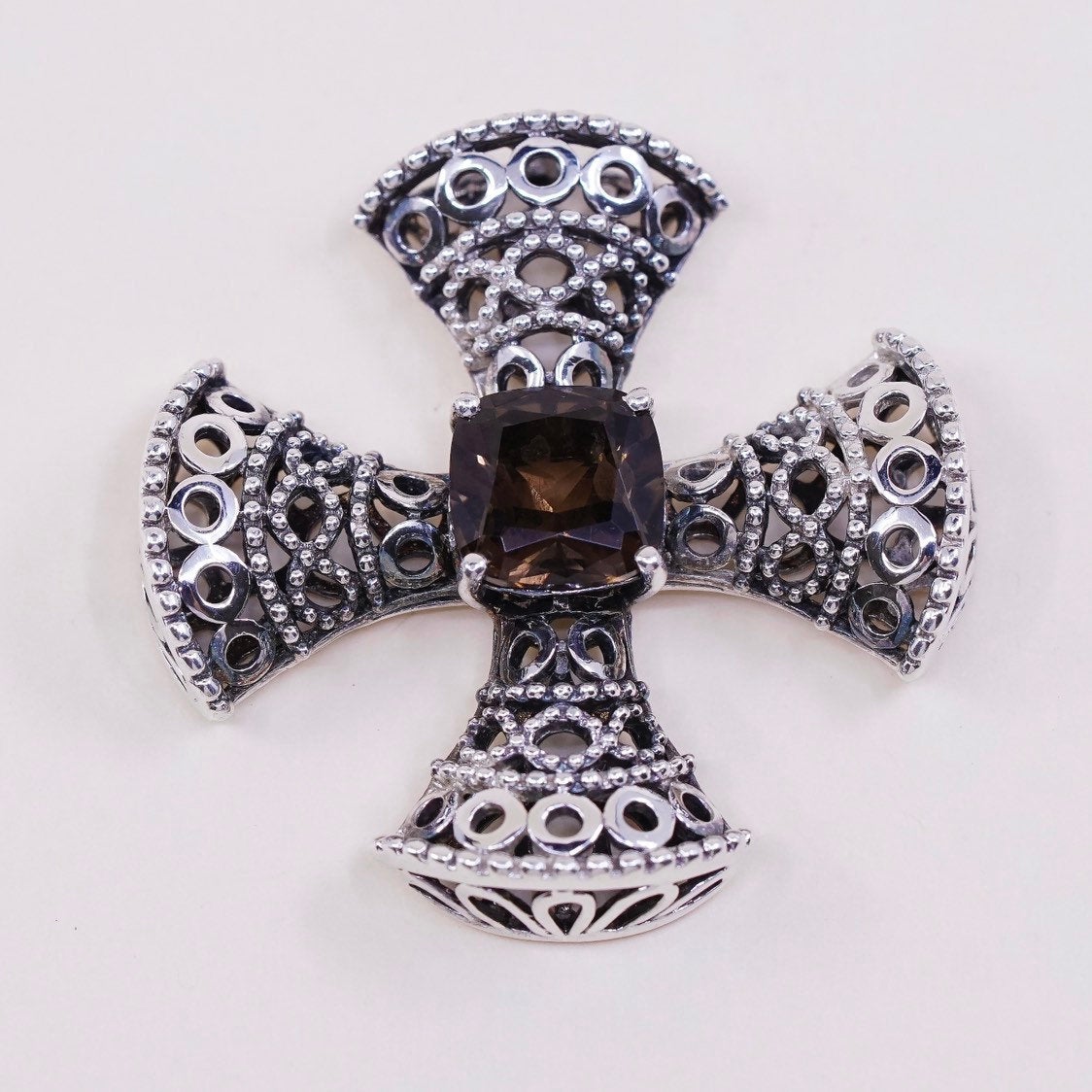 VTG Sterling silver handmade pendant, 925 Jerusalem swirl cross N smoky topaz