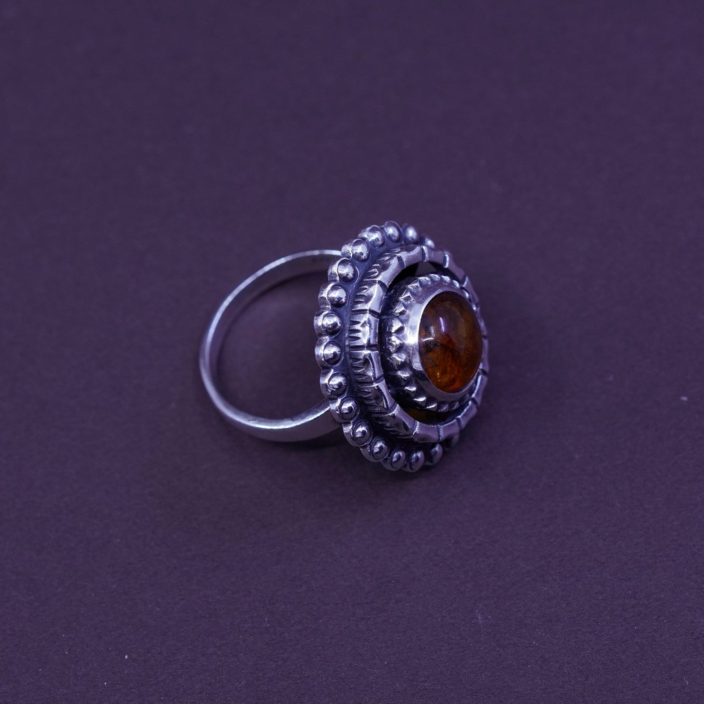 Size 7.5, vtg KALUPE Sterling 925 silver handmade sun ring with Amber and beads