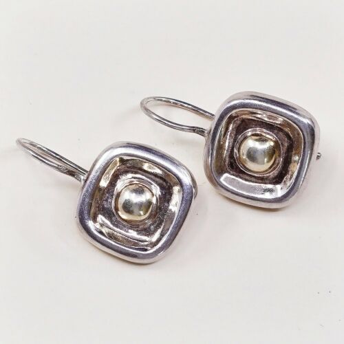 Vtg two tone Sterling Silver Square Shaped Earrings, 925 silver dangles W/ 14K