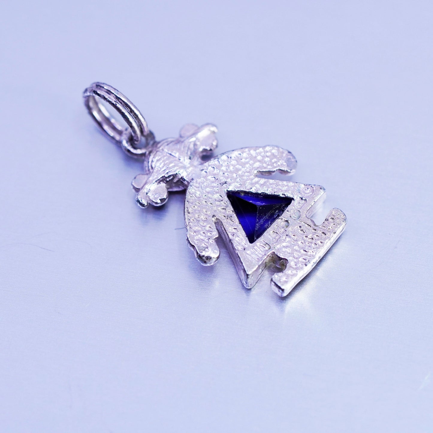 Antique Sterling silver handmade charm, 925 birthstone blue crystal dress