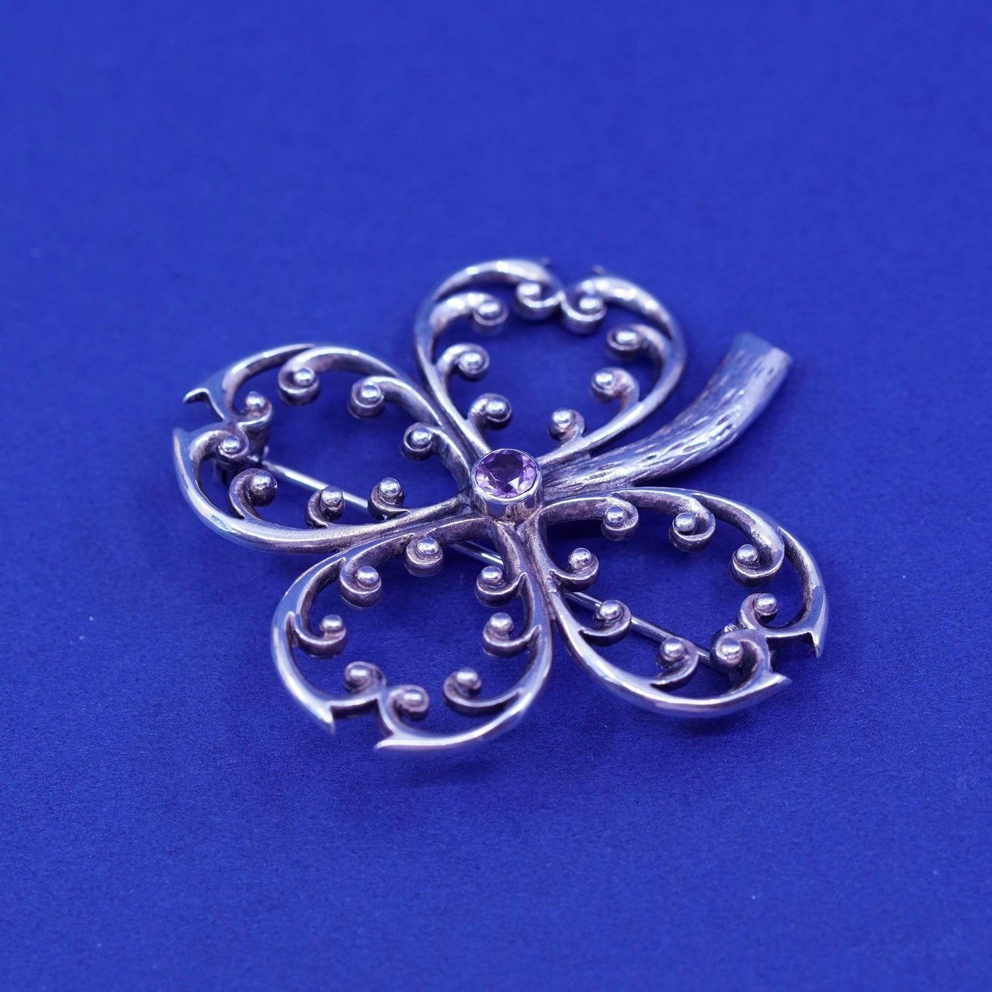 Vintage PSCL Sterling silver handmade brooch, 925 lucky clover flower amethyst