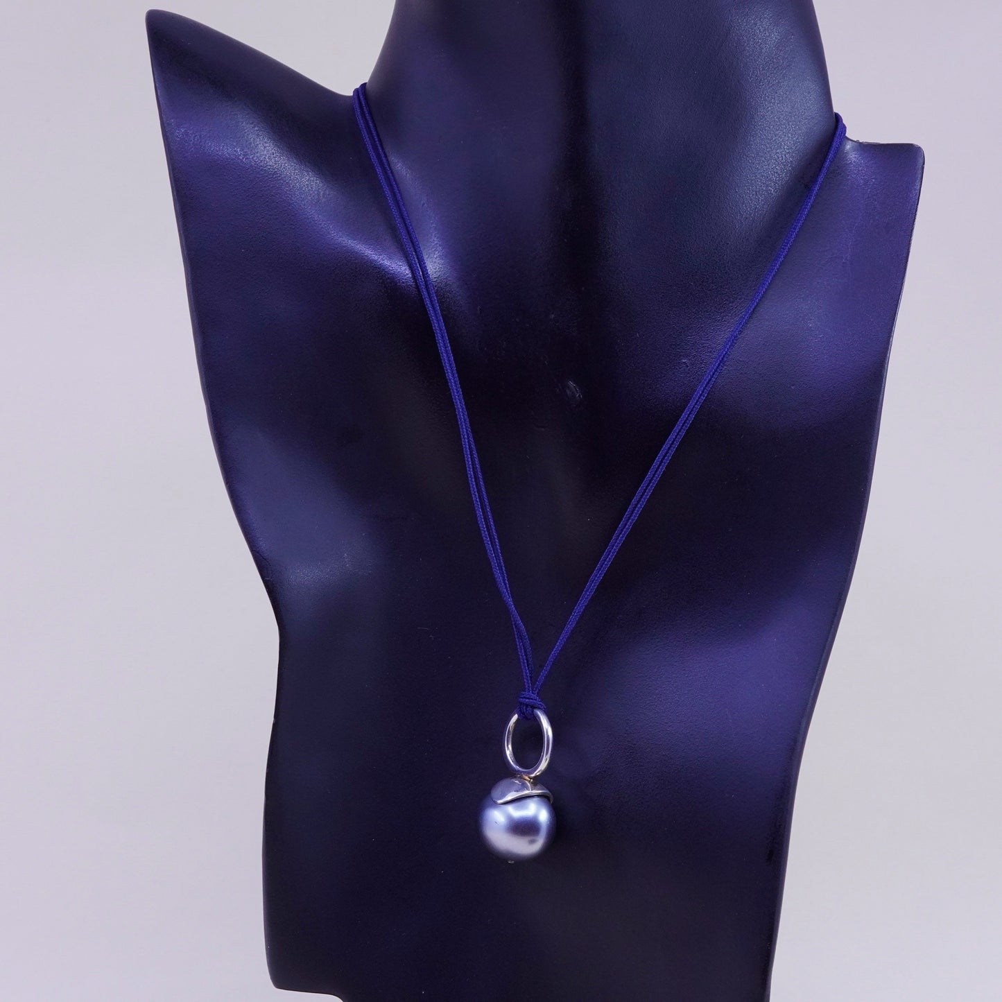 18”, blue Linen necklace W/ black pearl pendant and Sterling 925 Silver Clasp