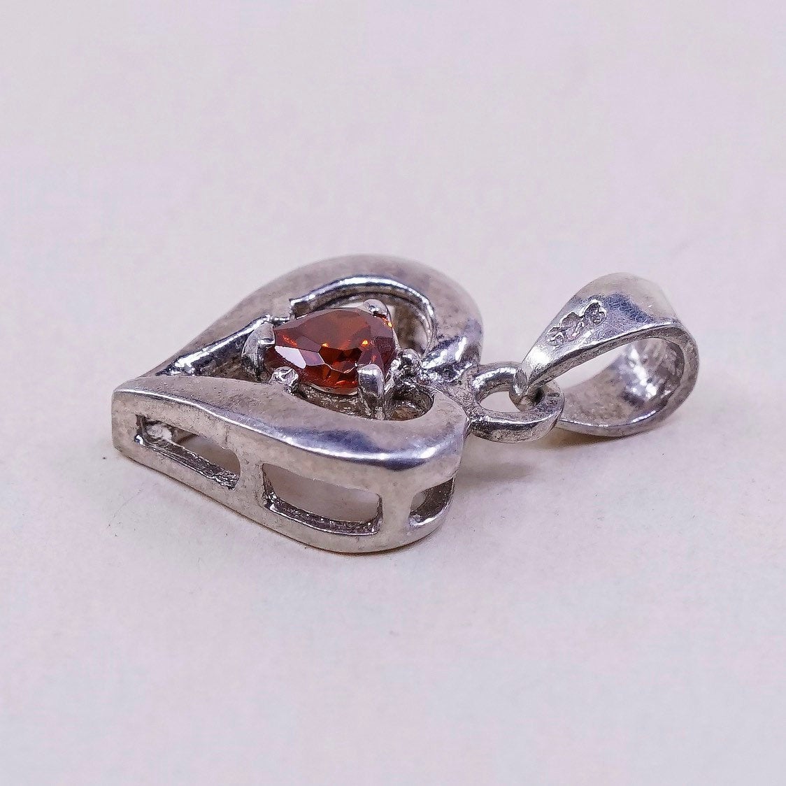 VTG sterling silver pendant, 925 silver heart pendant with ruby