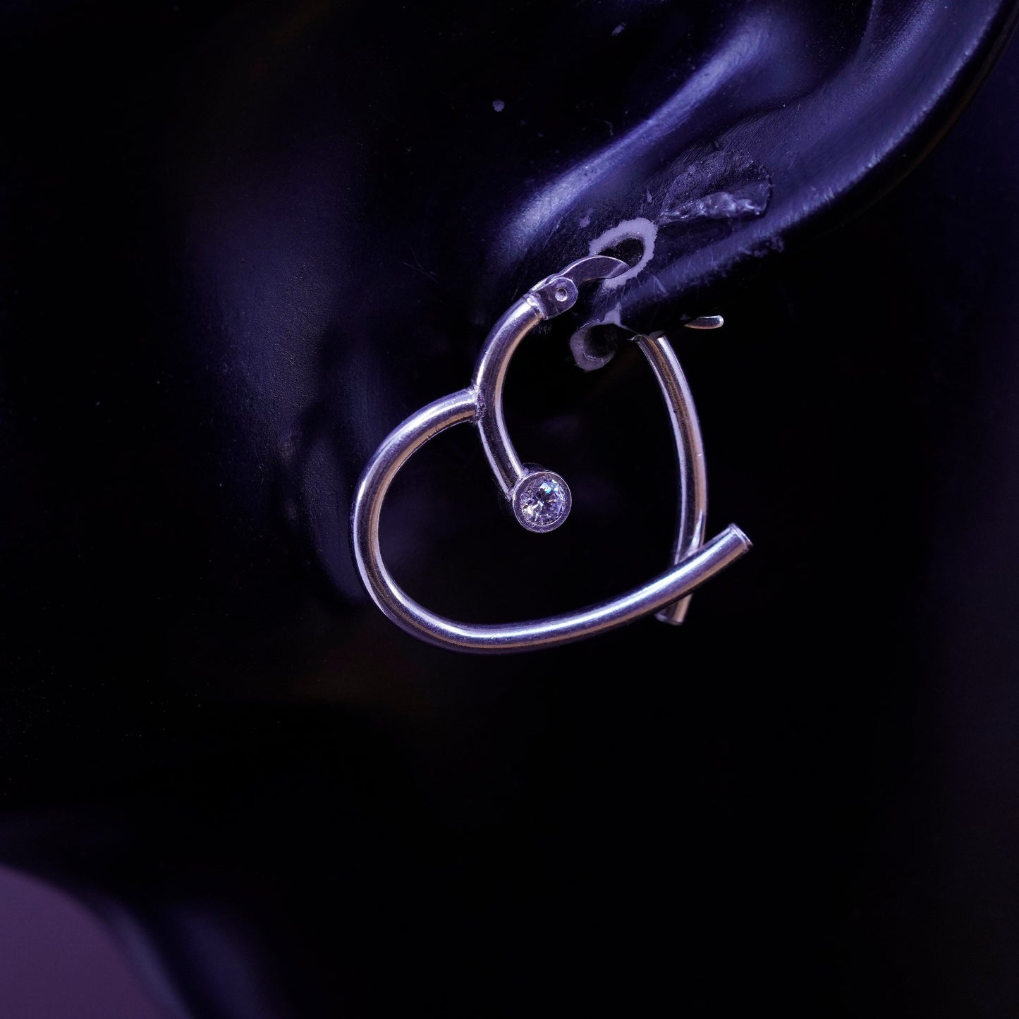 1”, vintage Sterling 925 silver heart hoop earrings with cz, 925 huggie